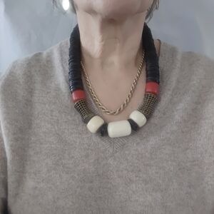 Chunky Beaded Necklace with Red and Cream Accents